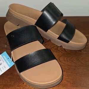 Reef Women's Black Double-Strap Slide Sandals with Tan Footbed